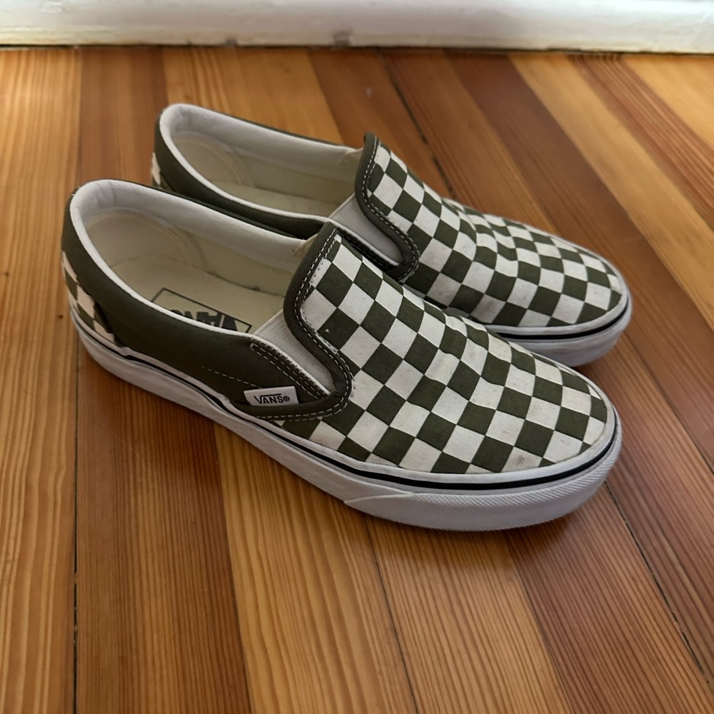 Olive Green Checkered Classic Slip-On Vans
